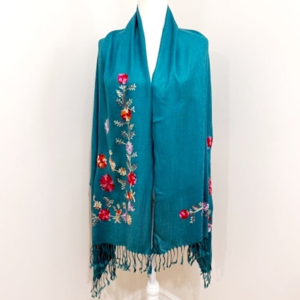 29 Palms Teal Scarf Wrap Shawl Floral Embroidered Fringe One Size - Picture 2 of 7